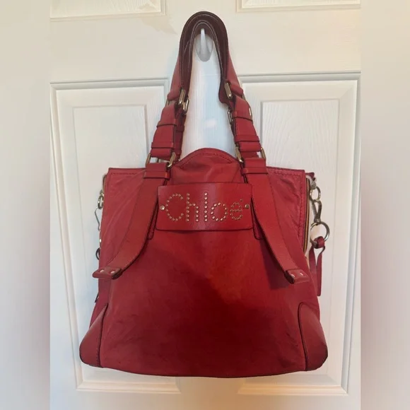 Chloe Patsy Leather Studded Logo Red Tote COA - Picture 2 of 16